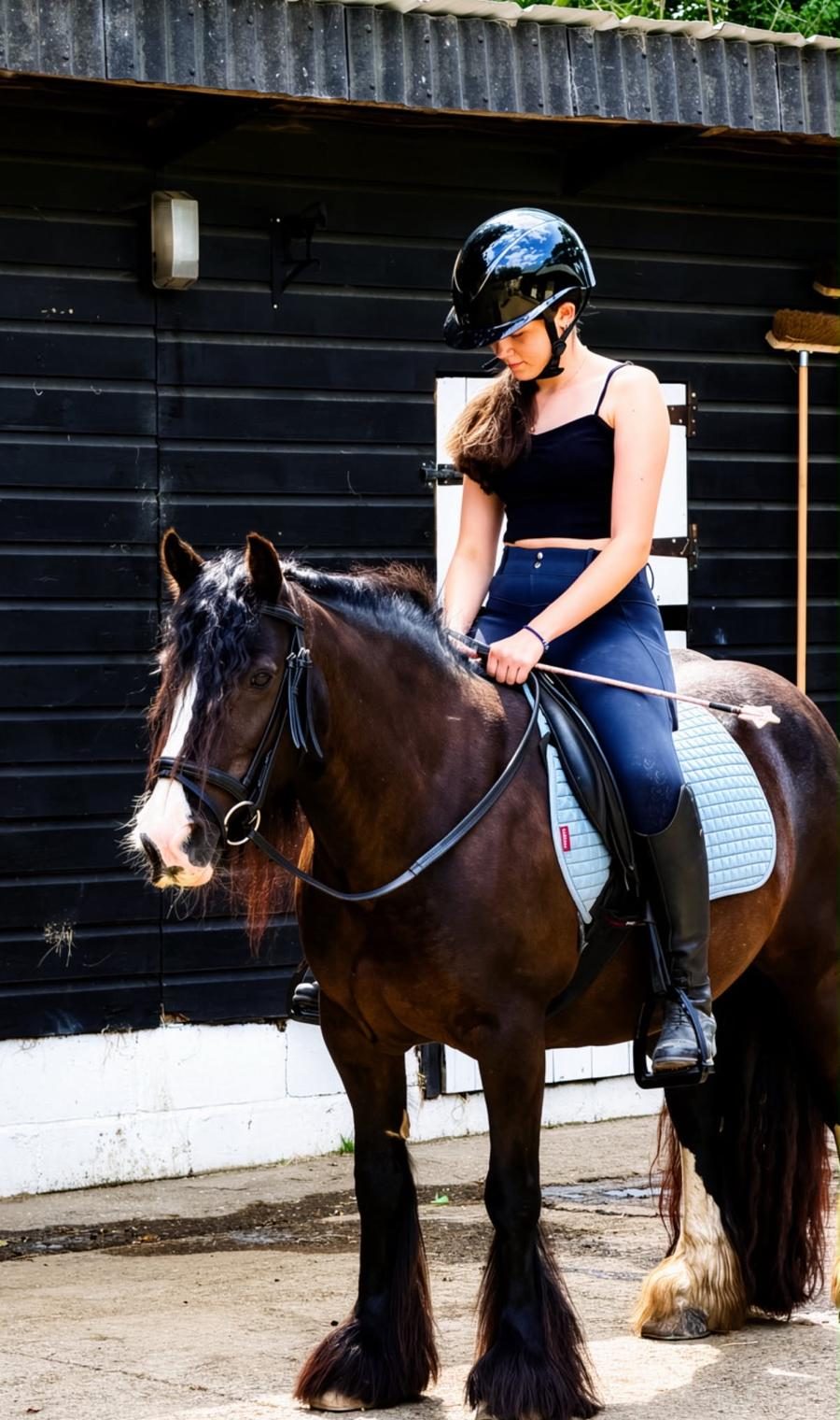 Rider mounted on a dark feathered cob outside the stables