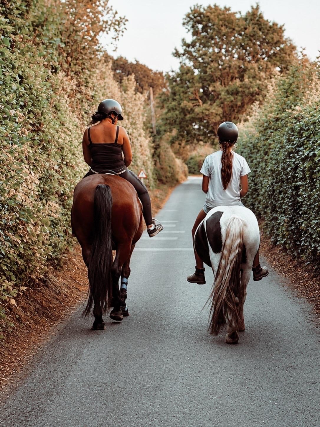 Two riders hacking down a hedge-lined Kent country lane on a bay and a piebald
